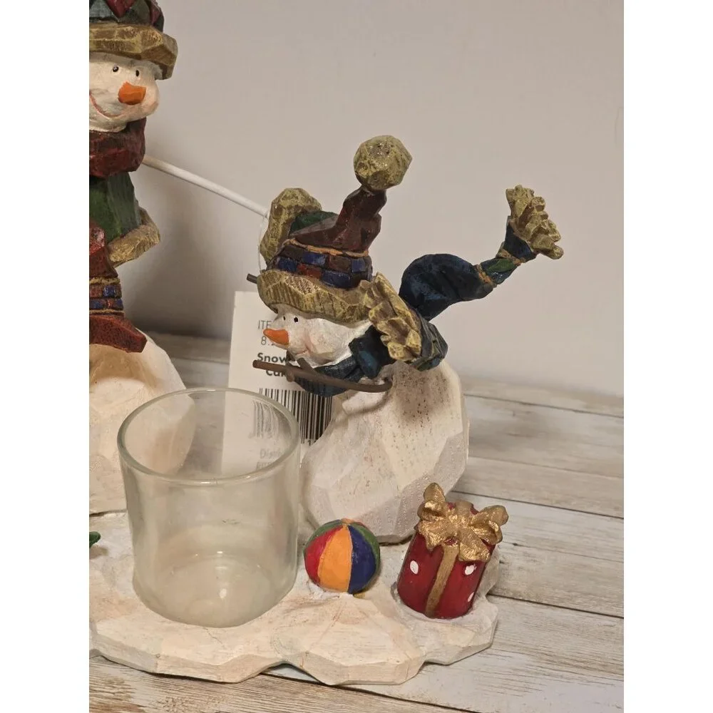 Vintage NOS‎ Snowman Votive Candle Holder Wooden Carved Heavy Sturdy